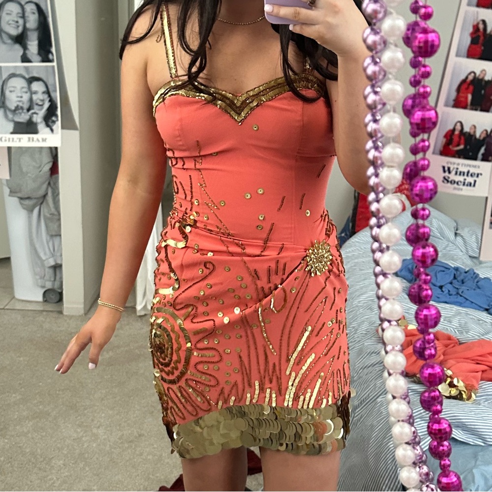 Coral and Gold beaded Sunburst Dress